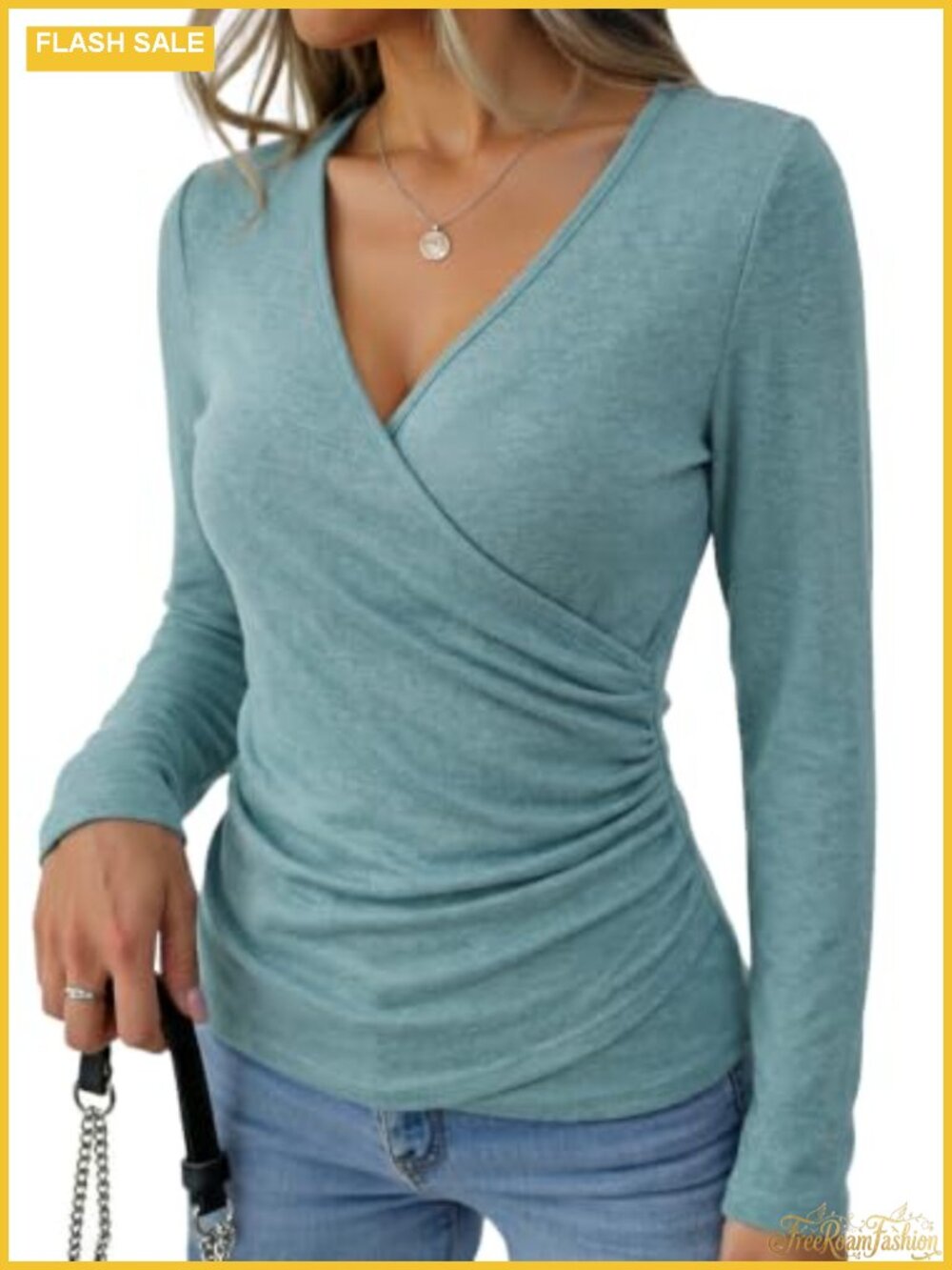 Long Sleeve V-Neck Wrap Top Ruched Waist Stretchy